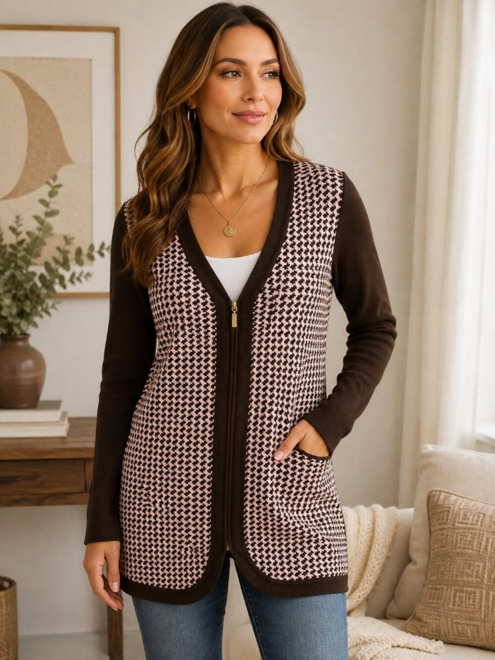 BCBGMaxAzria Brown Pink Long Sleeve Zip Up Longline Cardigan Sweater Women M NWT